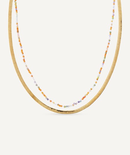 Collar  chapado Oro 18 Kt doble cadena plana circonitas multicolor