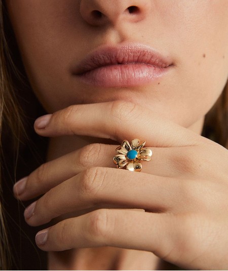 Ring  collection María G. de Jaime 18 Kt Gold Plated Blue enamel flower