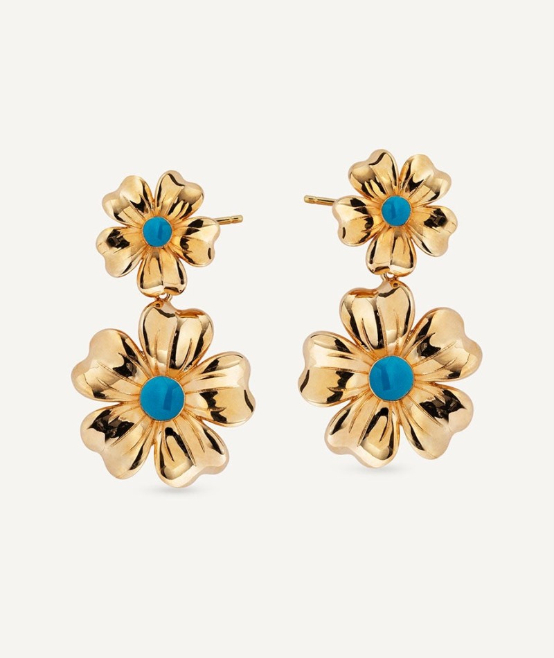 Earrings  collection María G. de Jaime 18 Kt Gold Plated Blue enamel flowers