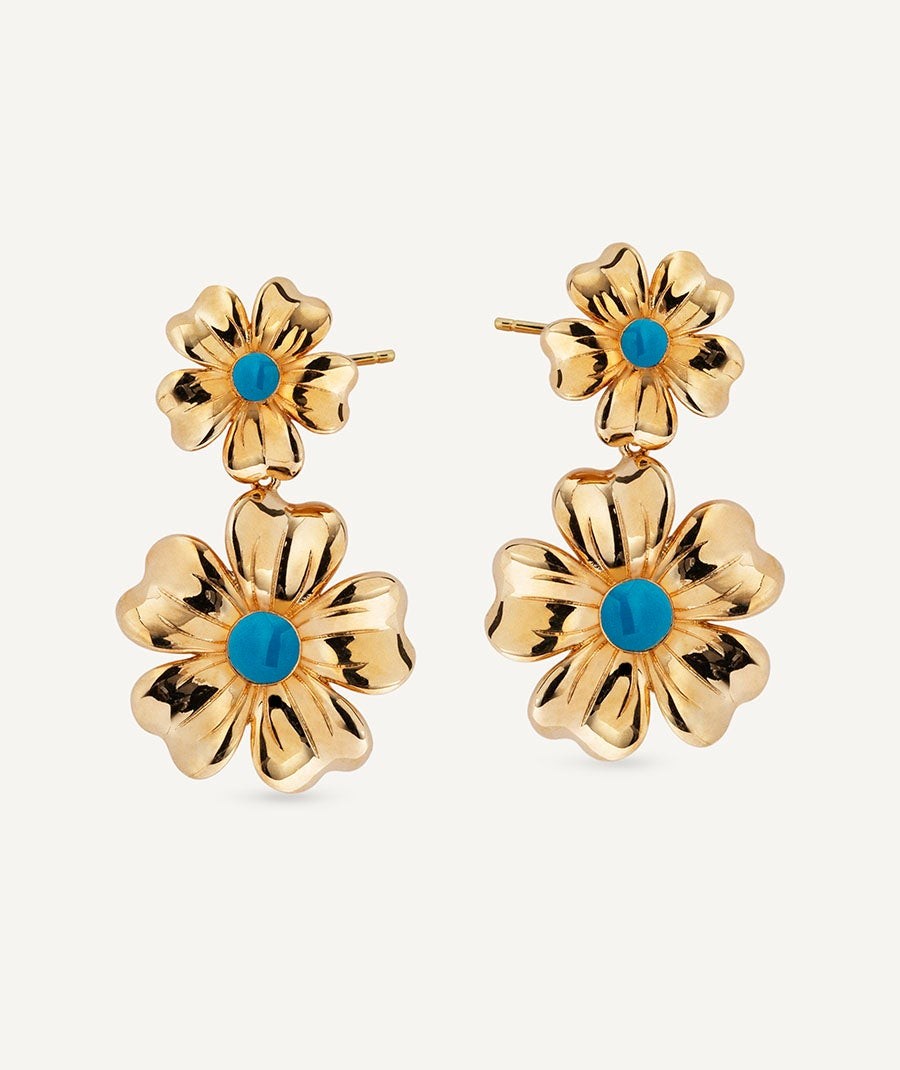 Earrings  collection María G. de Jaime 18 Kt Gold Plated Blue enamel flowers