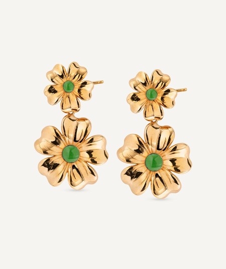 Earrings  collection María G. de Jaime 18 Kt Gold Plated Green enamel flowers