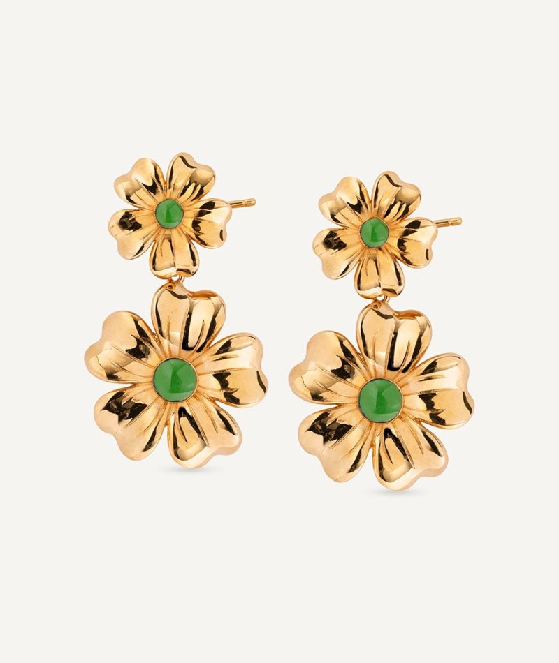 Earrings  collection María G. de Jaime 18 Kt Gold Plated Green enamel flowers