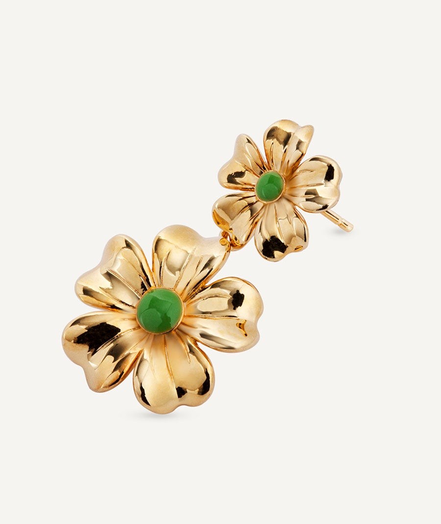 Earrings  collection María G. de Jaime 18 Kt Gold Plated Green enamel flowers