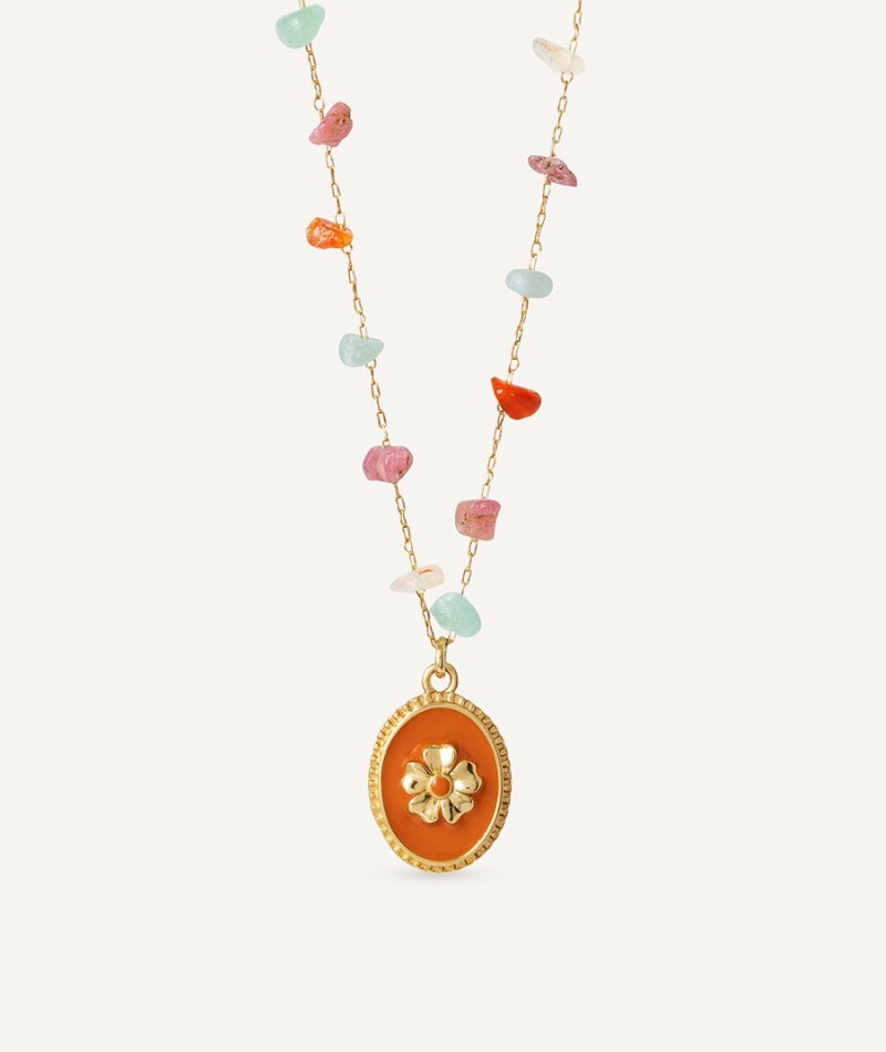 Necklace  collection María G. de Jaime 18 Kt Gold Plated Red Natural Flower and Natural Stones