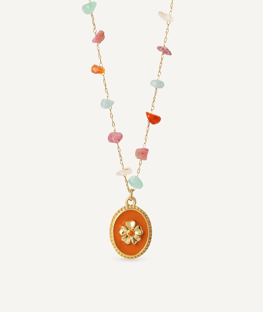 Necklace  collection María G. de Jaime 18 Kt Gold Plated Red Natural Flower and Natural Stones