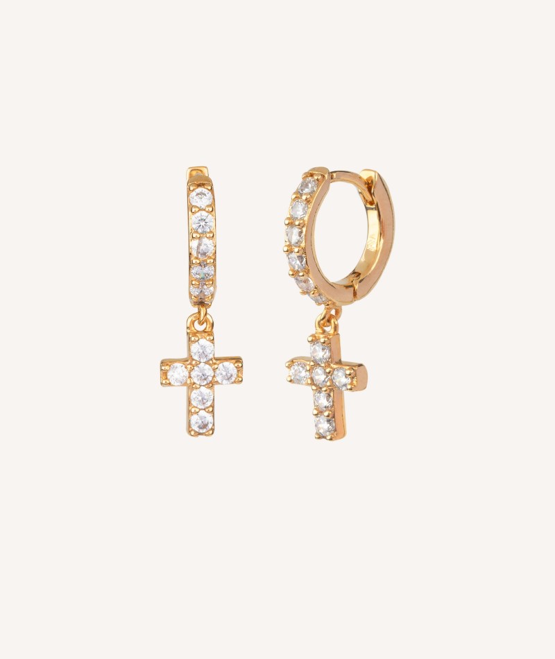 Earrings Articulated Hoop Cross Zirconia