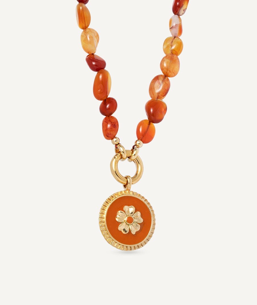 Necklace  collection María G. de Jaime 18 Kt Gold Plated Red Natural Flower and Natural Stones