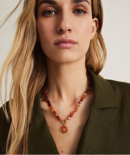 Necklace  collection María G. de Jaime 18 Kt Gold Plated Red Natural Flower and Natural Stones