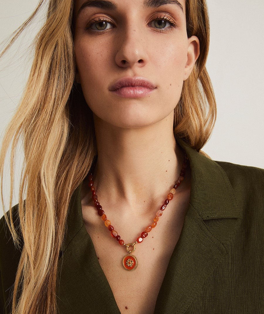 Necklace  collection María G. de Jaime 18 Kt Gold Plated Red Natural Flower and Natural Stones