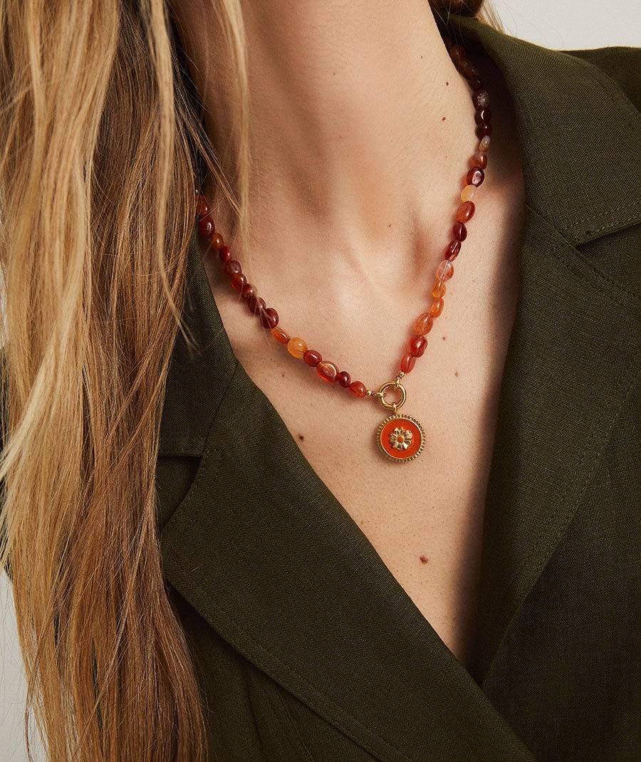 Necklace  collection María G. de Jaime 18 Kt Gold Plated Red Natural Flower and Natural Stones