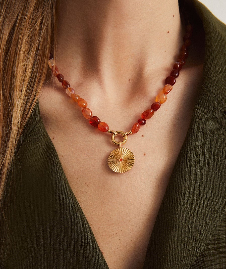 Necklace  collection María G. de Jaime 18 Kt Gold Plated Red Natural Flower and Natural Stones