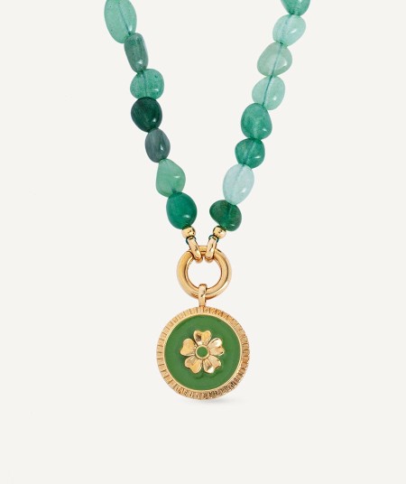 Necklace  collection María G. de Jaime 18 Kt Gold Plated Enamel Flower and Green Natural Stones