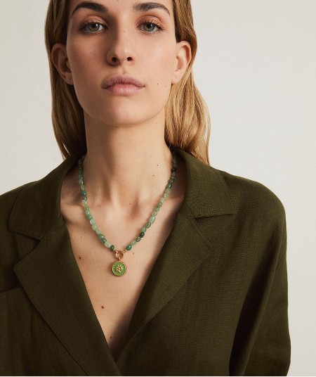 Necklace  collection María G. de Jaime 18 Kt Gold Plated Enamel Flower and Green Natural Stones