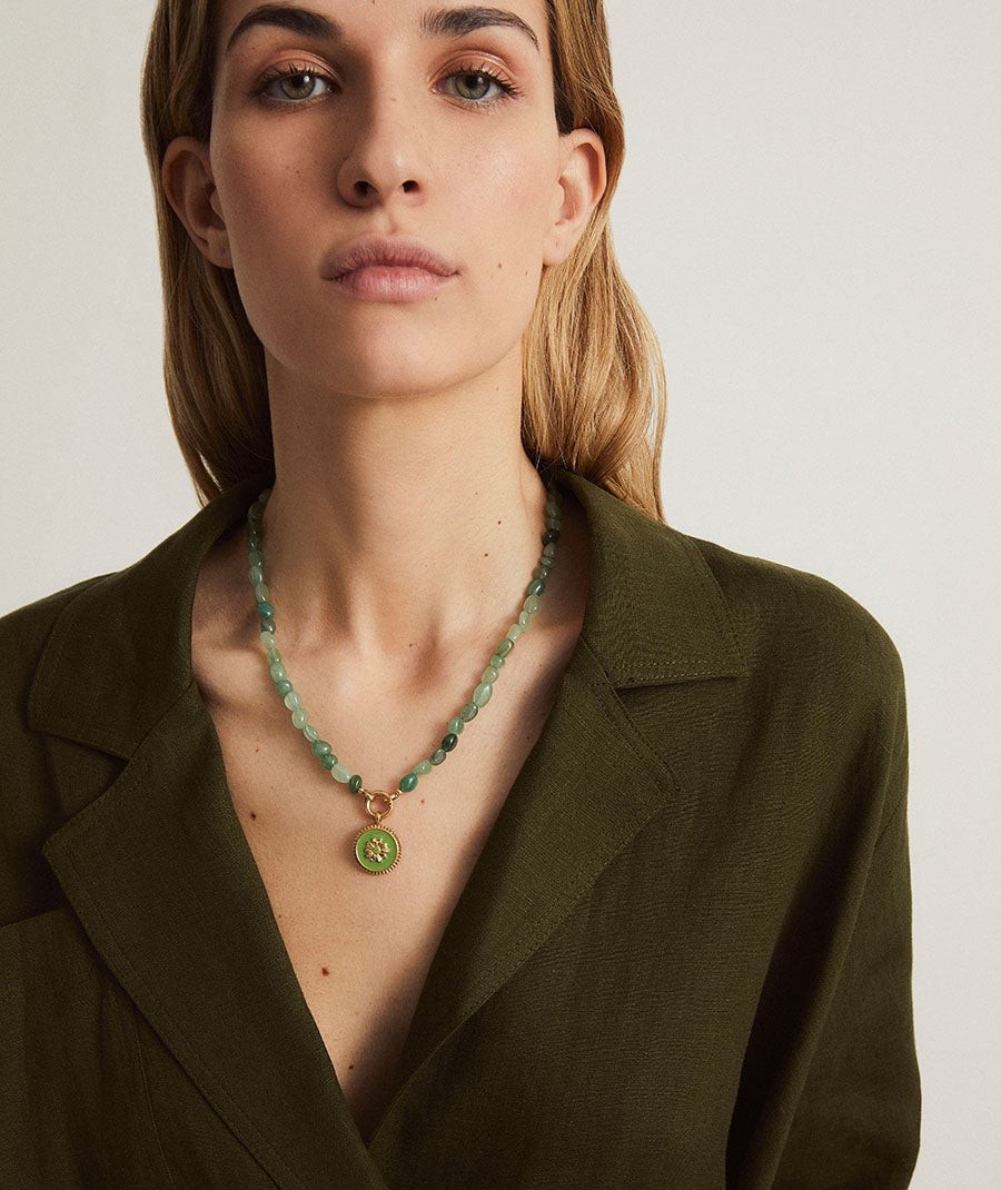 Necklace  collection María G. de Jaime 18 Kt Gold Plated Enamel Flower and Green Natural Stones