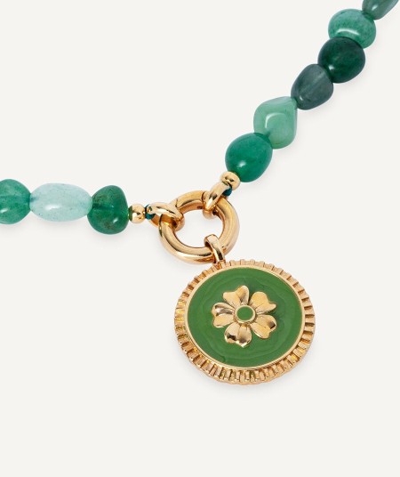 Necklace  collection María G. de Jaime 18 Kt Gold Plated Enamel Flower and Green Natural Stones