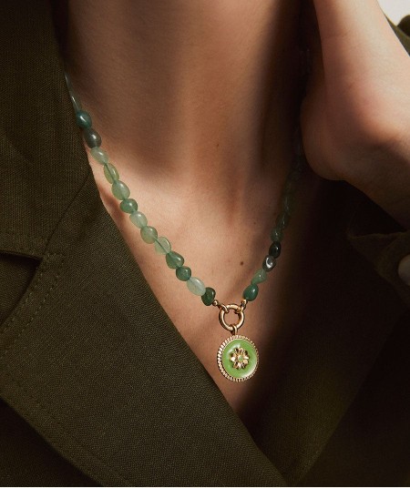 Necklace  collection María G. de Jaime 18 Kt Gold Plated Enamel Flower and Green Natural Stones