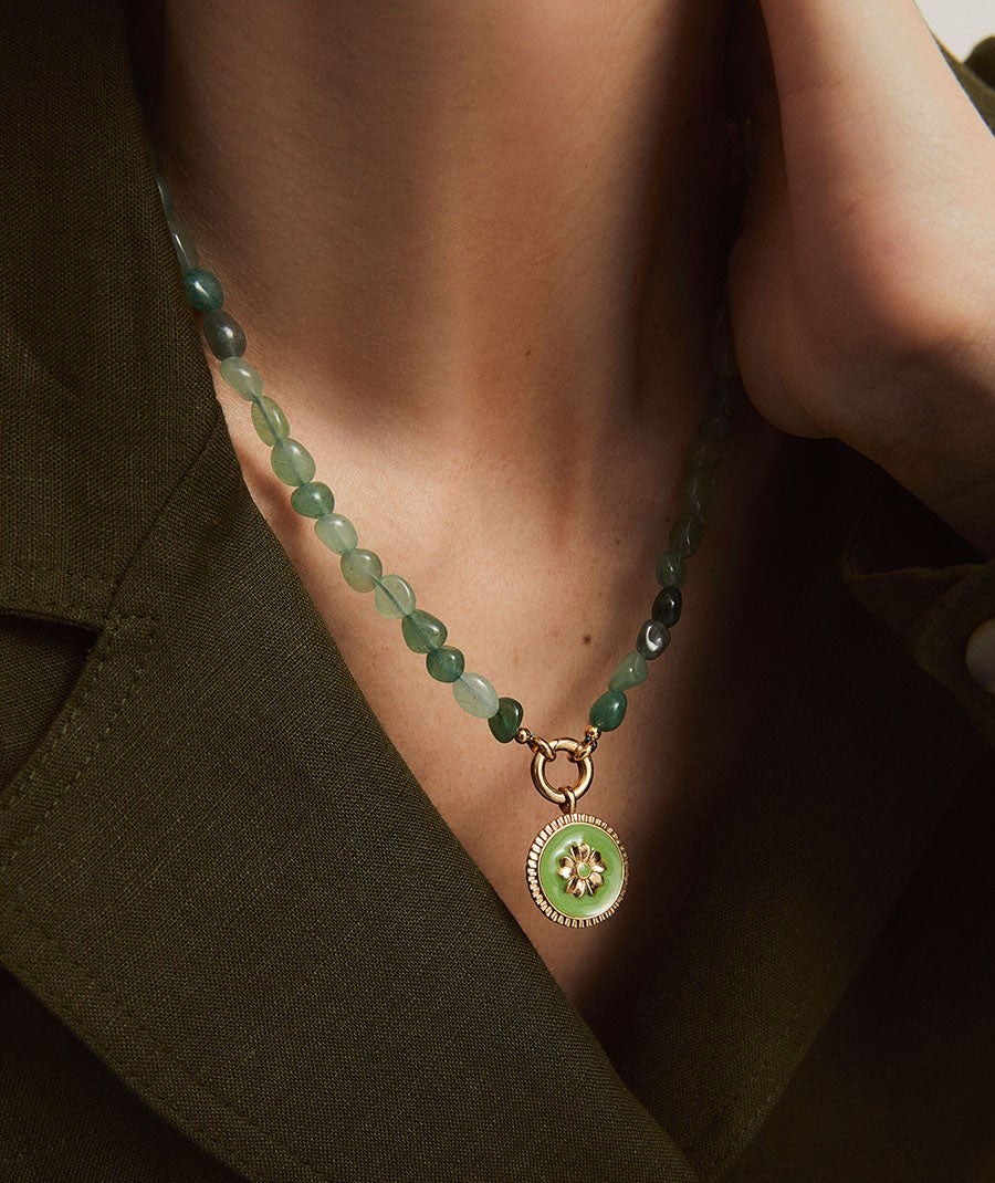 Necklace  collection María G. de Jaime 18 Kt Gold Plated Enamel Flower and Green Natural Stones