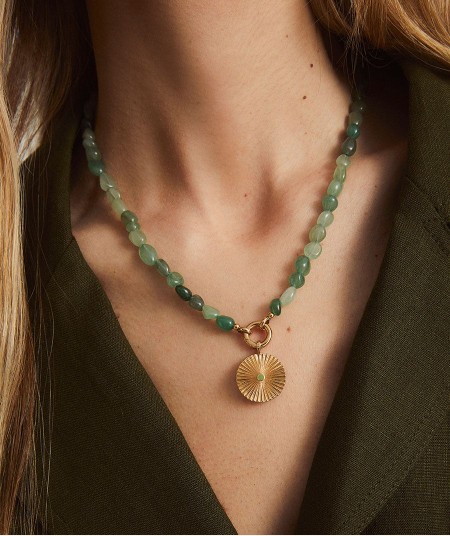 Necklace  collection María G. de Jaime 18 Kt Gold Plated Enamel Flower and Green Natural Stones