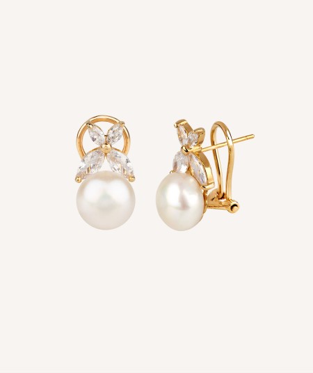 Earrings with 9mm cultured pearl and cubic zirconia, gold plated