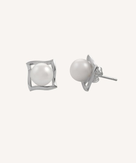 Square Earrings 8mm Pearl Gold Plated