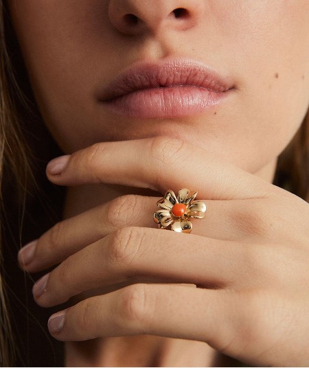 Ring  collection María G. de Jaime 18 Kt Gold Plated Red enamel flower